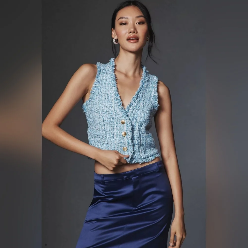 Anthropologie Maeve Blue Tweed Shell Vest - Picture 1 of 8